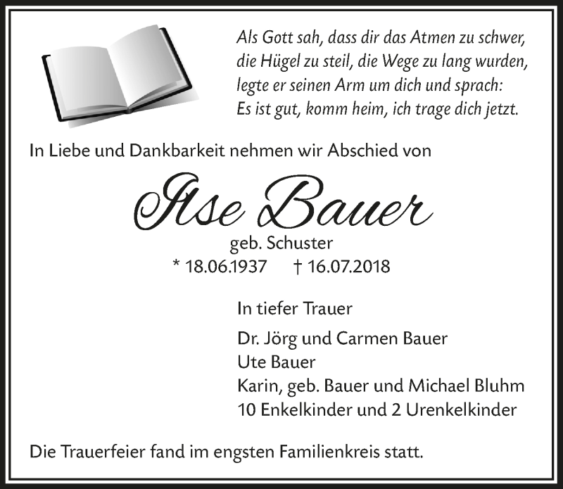  Traueranzeige für Ilse Bauer vom 01.08.2018 aus  Lokalanzeiger 