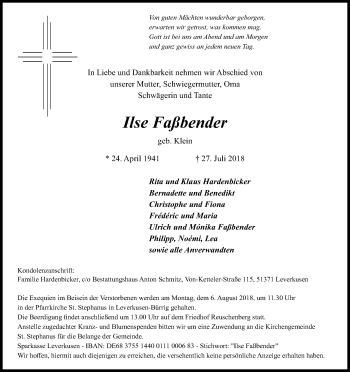 Anzeige von Ilse Faßbender von Kölner Stadt-Anzeiger / Kölnische Rundschau / Express