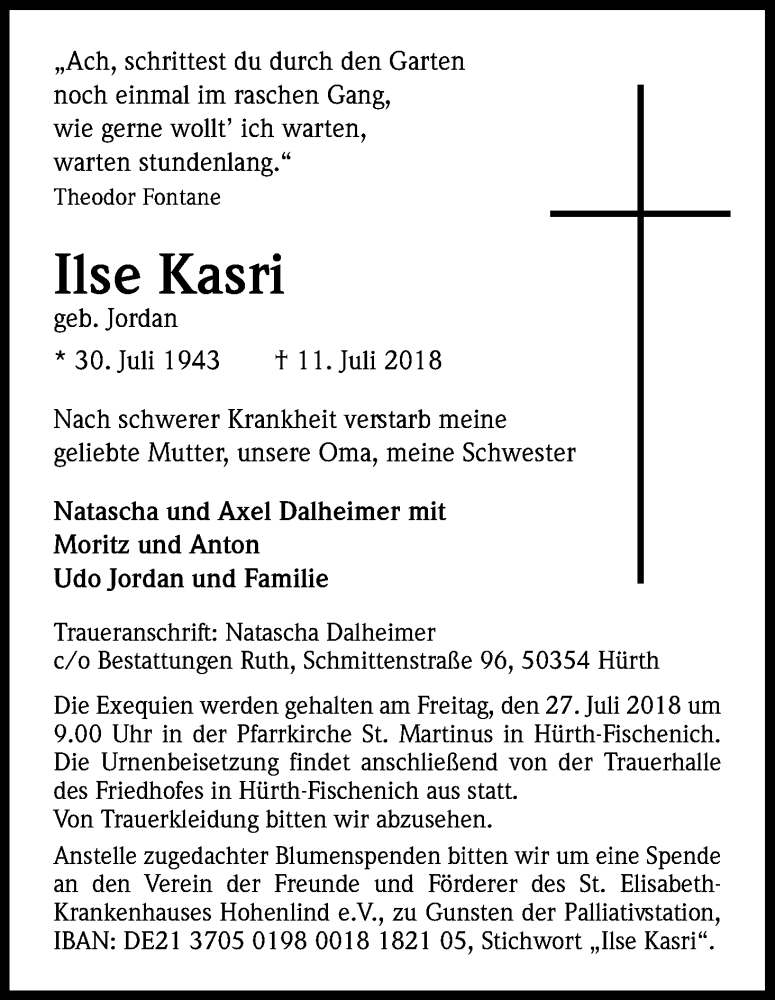  Traueranzeige für Ilse Kasri vom 21.07.2018 aus GS