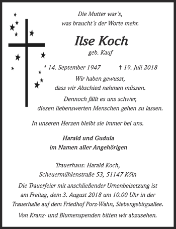 Anzeige von Ilse Koch von  Kölner Wochenspiegel 