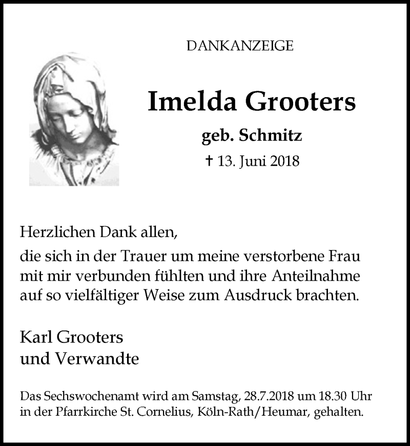  Traueranzeige für Imelda Grooters vom 18.07.2018 aus  Kölner Wochenspiegel 