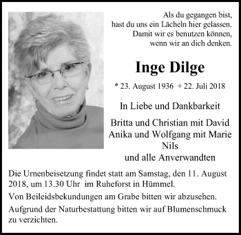 Anzeige von Inge Dilge von  Blickpunkt Euskirchen 