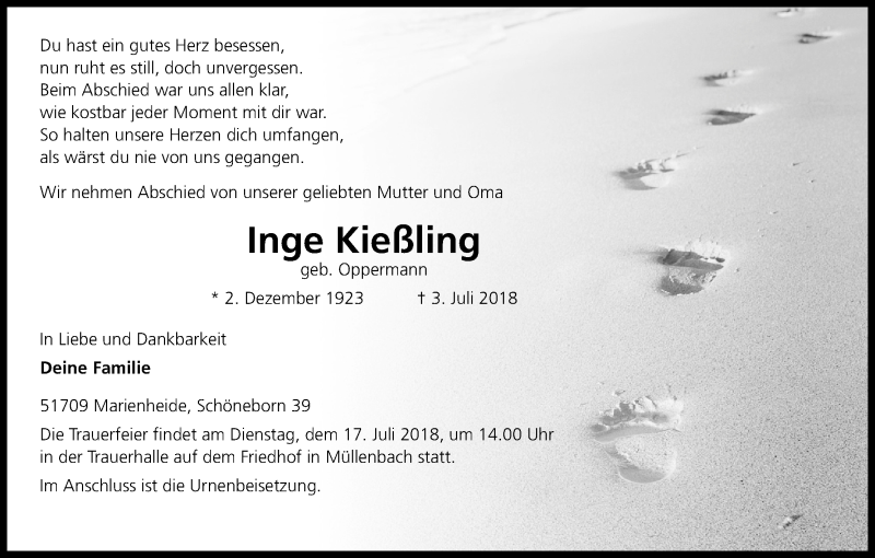  Traueranzeige für Inge Kießling vom 11.07.2018 aus OB