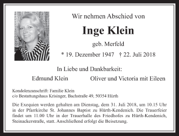 Anzeige von Inge Klein von  Wochenende 
