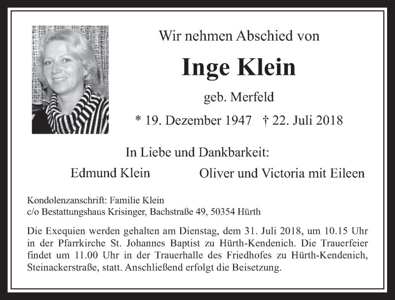  Traueranzeige für Inge Klein vom 25.07.2018 aus  Wochenende 