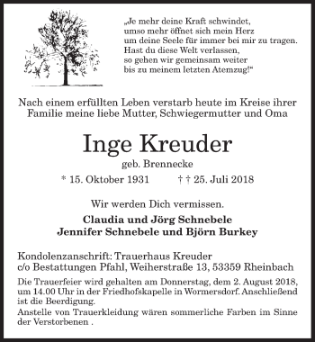 Anzeige von Inge Kreuder von  Schaufenster/Blickpunkt 