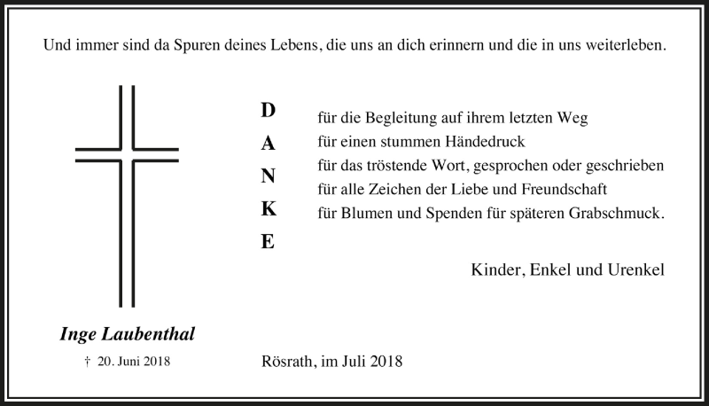  Traueranzeige für Inge Laubenthal vom 25.07.2018 aus  Bergisches Handelsblatt 