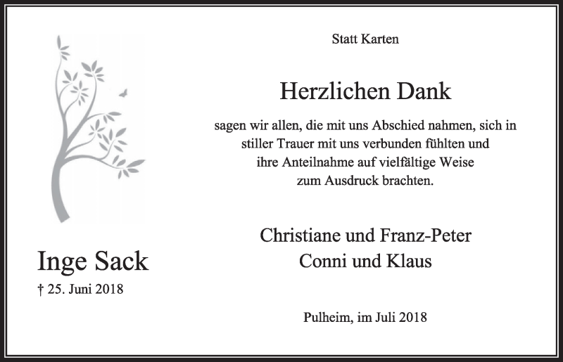  Traueranzeige für Inge Sack vom 21.07.2018 aus  Sonntags-Post 