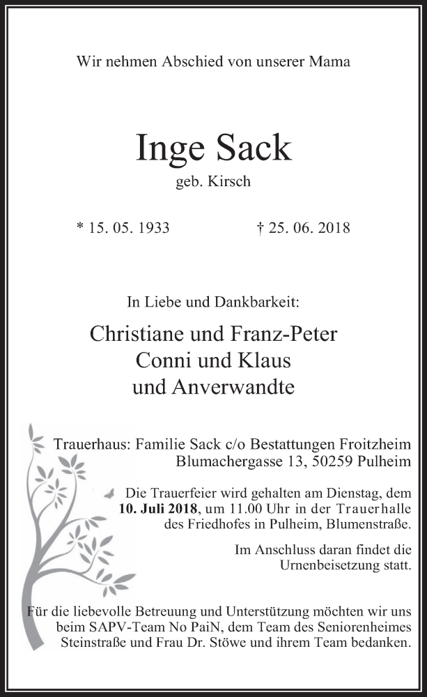  Traueranzeige für Inge Sack vom 04.07.2018 aus  Wochenende 