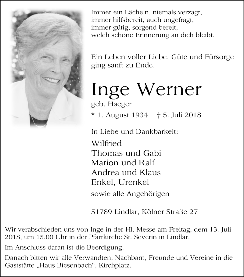  Traueranzeige für Inge Werner vom 07.07.2018 aus OB
