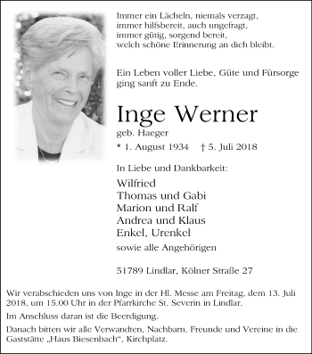 Anzeige von Inge Werner von OB
