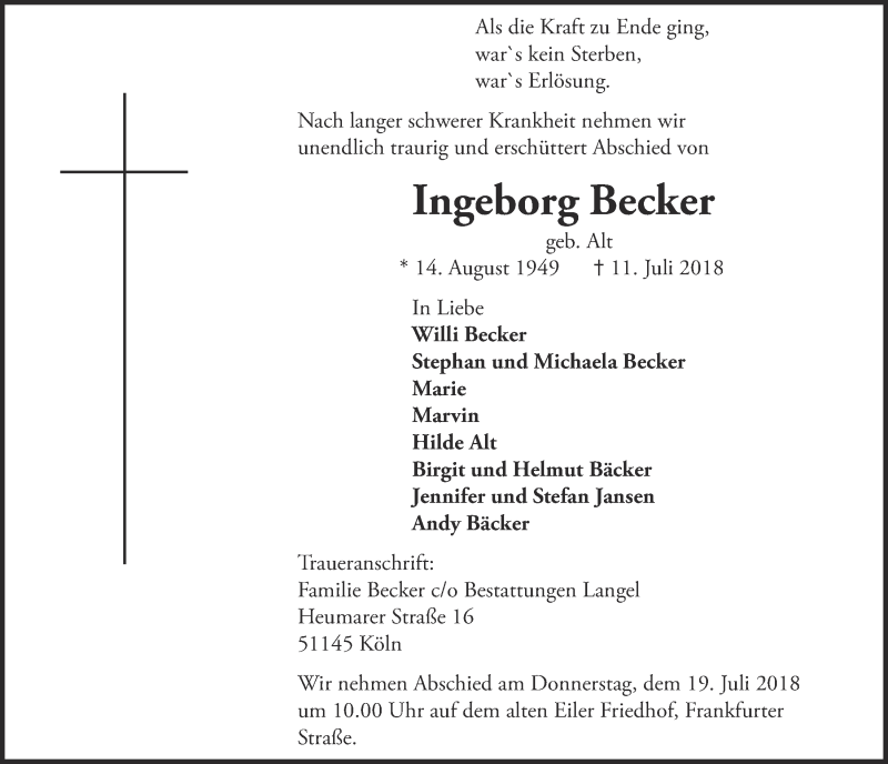  Traueranzeige für Ingeborg Becker vom 18.07.2018 aus  Kölner Wochenspiegel 