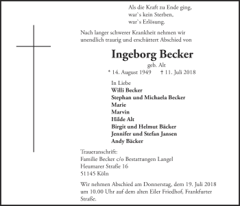 Anzeige von Ingeborg Becker von  Kölner Wochenspiegel 