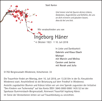 Anzeige von Ingeborg Häner von OB