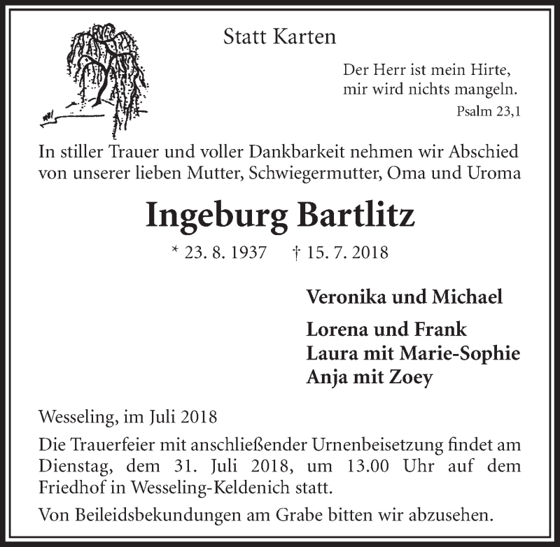  Traueranzeige für Ingeburg Bartlitz vom 25.07.2018 aus  Schlossbote/Werbekurier 