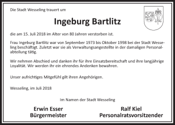 Anzeige von Ingeburg Bartlitz von  Schlossbote/Werbekurier 