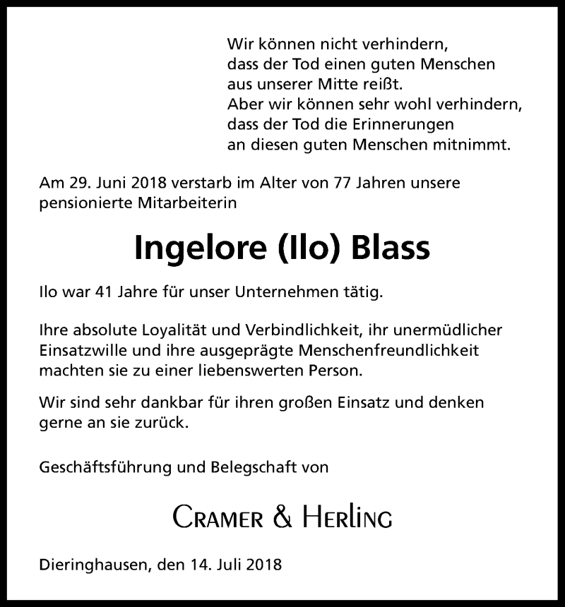  Traueranzeige für Ingelore Ilo Blass vom 14.07.2018 aus OB