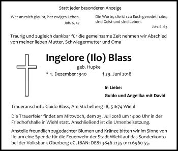 Anzeige von Ingelore Ilo Blass von OB