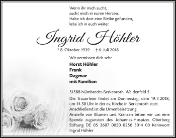 Anzeige von Ingrid Höhler von  Lokalanzeiger 