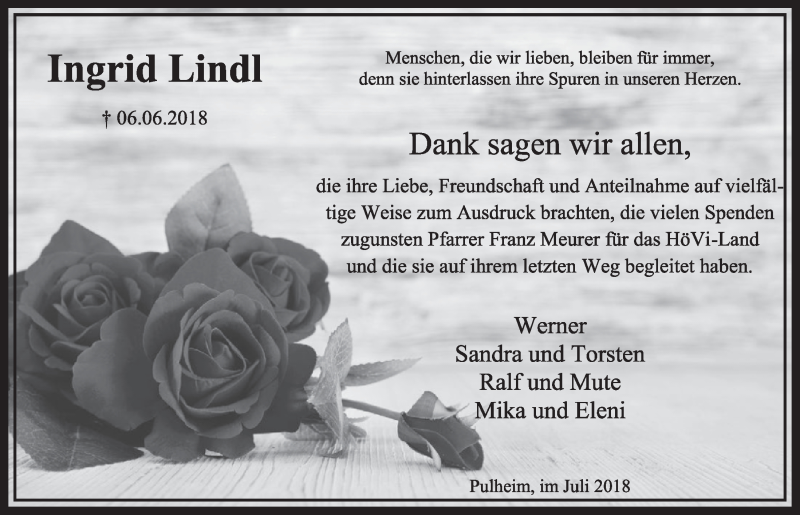  Traueranzeige für Ingrid Lindl vom 21.07.2018 aus  Sonntags-Post 