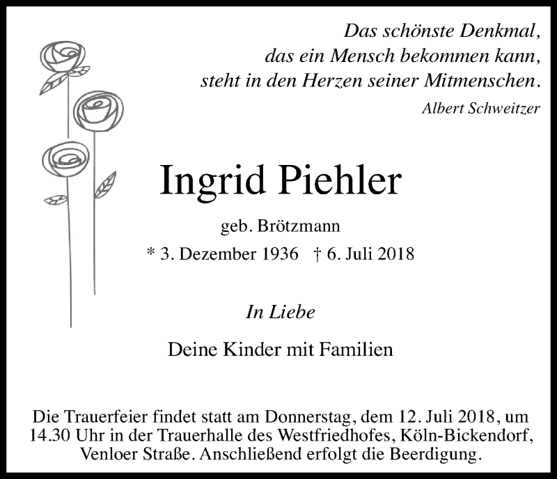  Traueranzeige für Ingrid Piehler vom 10.07.2018 aus EXKB