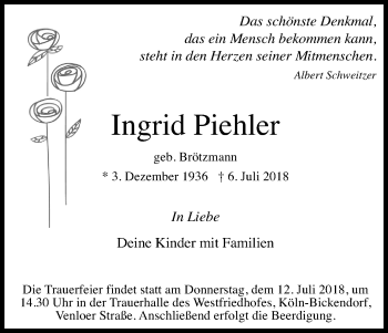 Anzeige von Ingrid Piehler von EXKB