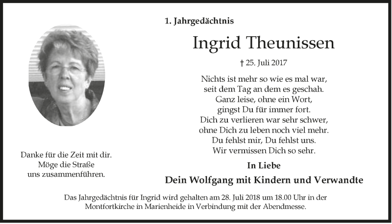  Traueranzeige für Ingrid Theunissen vom 25.07.2018 aus  Anzeigen Echo 