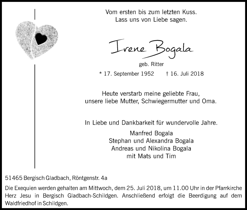  Traueranzeige für Irene Bogala vom 19.07.2018 aus RB