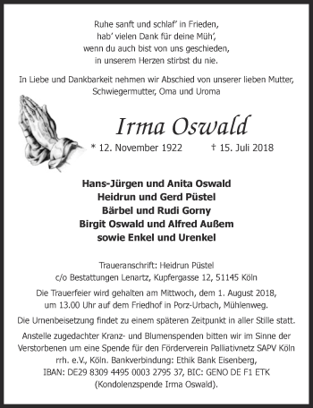 Anzeige von Irma Oswald von  Kölner Wochenspiegel 