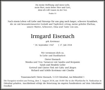 Anzeige von Irmgard Eisenach von  Bergisches Handelsblatt 