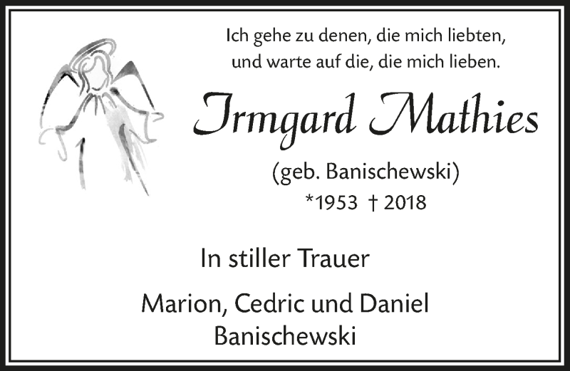  Traueranzeige für Irmgard Mathies vom 01.08.2018 aus  Bergisches Handelsblatt 