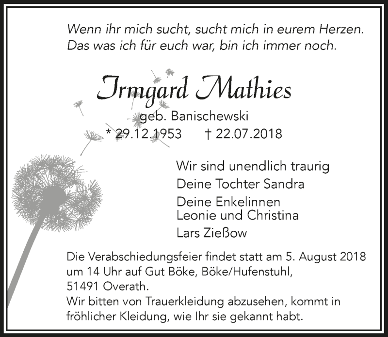  Traueranzeige für Irmgard Mathies vom 01.08.2018 aus  Bergisches Handelsblatt 