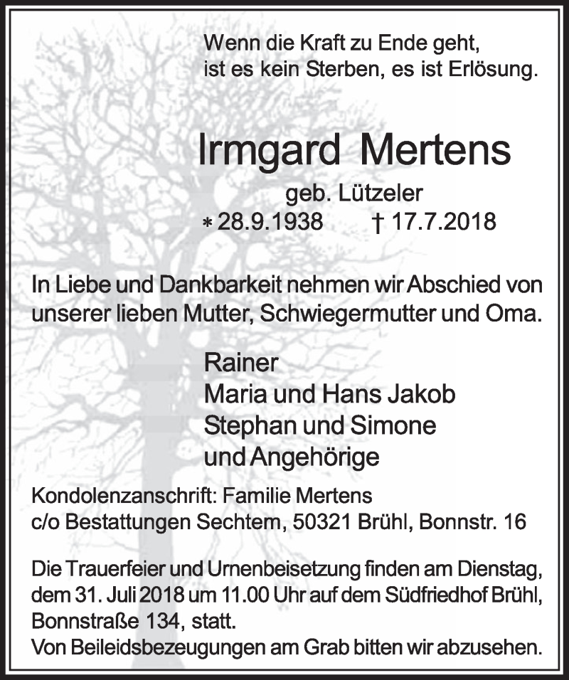 Traueranzeige für Irmgard Mertens vom 25.07.2018 aus  Schlossbote/Werbekurier 
