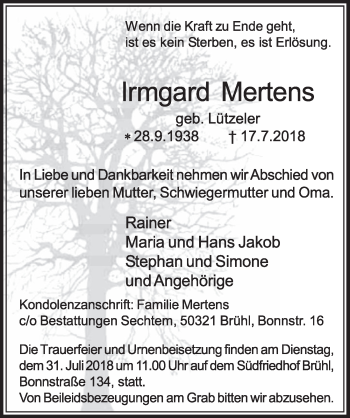 Anzeige von Irmgard Mertens von  Schlossbote/Werbekurier 