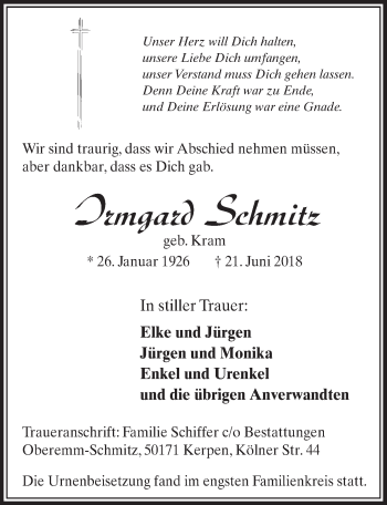 Anzeige von Irmgard Schmitz von  Wochenende 