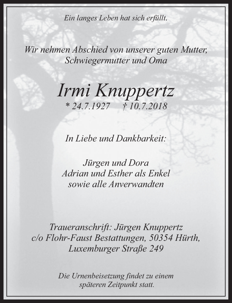  Traueranzeige für Irmi Knuppertz vom 18.07.2018 aus  Wochenende 