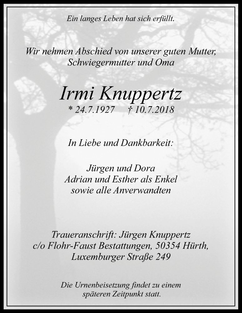  Traueranzeige für Irmi Knuppertz vom 14.07.2018 aus KL