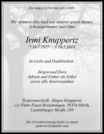 Anzeige von Irmi Knuppertz von KL