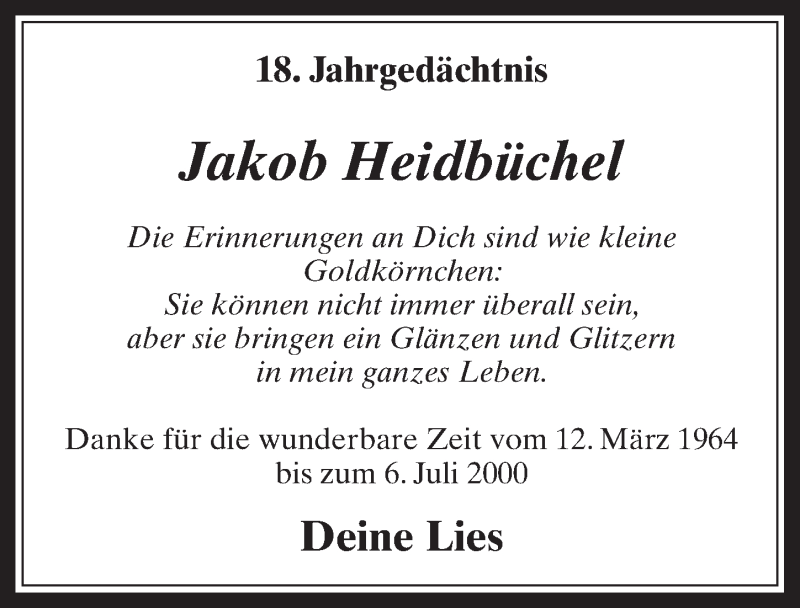  Traueranzeige für Jakob Heidbüchel vom 04.07.2018 aus  Werbepost 