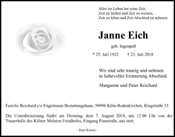 Anzeige von Janne Eich von Kölner Stadt-Anzeiger / Kölnische Rundschau / Express