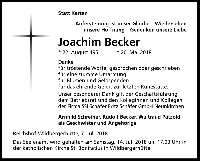  Traueranzeige für Joachim Becker vom 07.07.2018 aus OB
