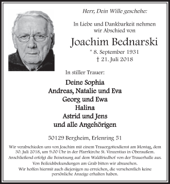 Anzeige von Joachim Bednarski von  Sonntags-Post 