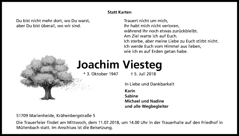  Traueranzeige für Joachim Viesteg vom 07.07.2018 aus OB
