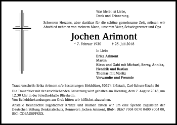 Anzeige von Jochen Arimont von Kölner Stadt-Anzeiger / Kölnische Rundschau / Express