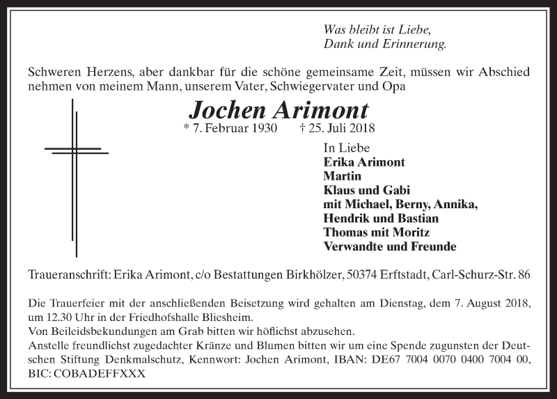  Traueranzeige für Jochen Arimont vom 01.08.2018 aus  Werbepost 
