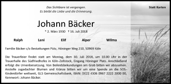 Anzeige von Johann Bäcker von GS