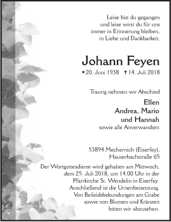 Anzeige von Johann Feyen von  Blickpunkt Euskirchen 