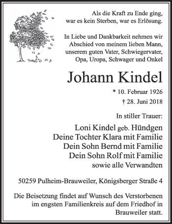 Anzeige von Johann Kindel von  Sonntags-Post 