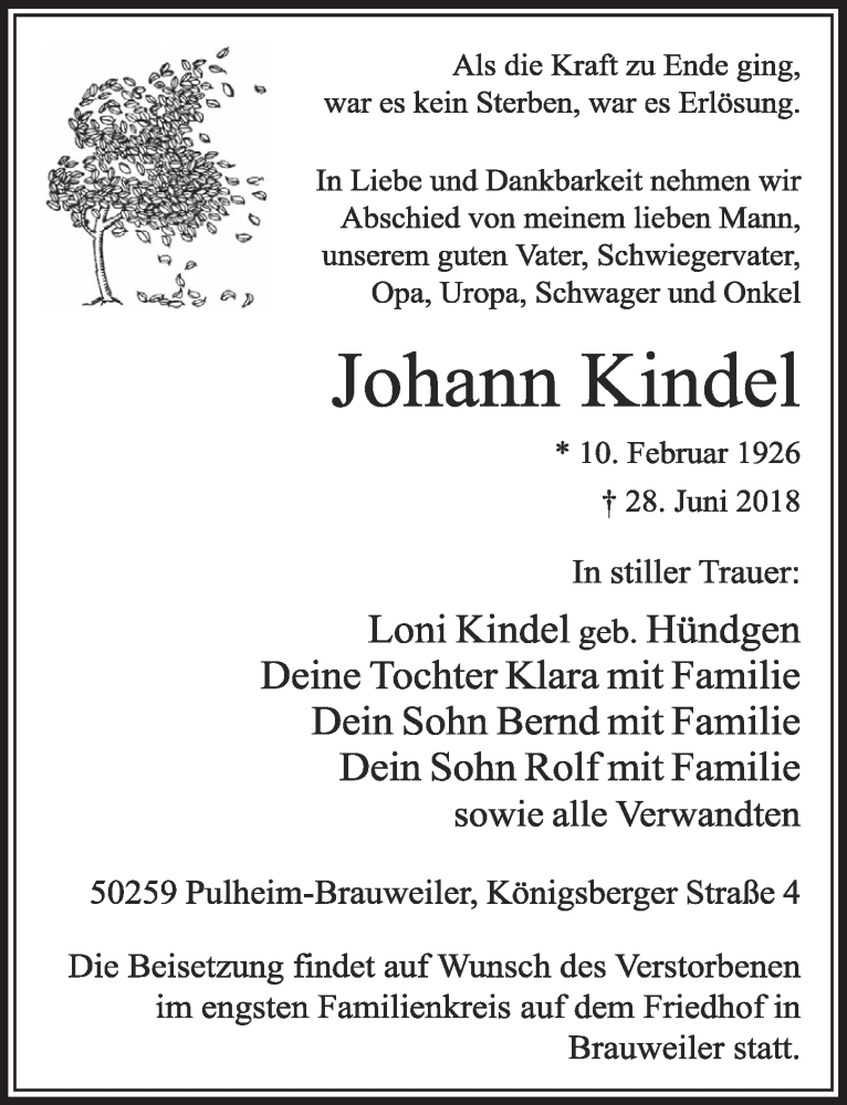  Traueranzeige für Johann Kindel vom 07.07.2018 aus  Sonntags-Post 
