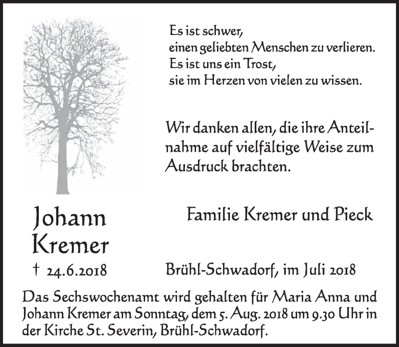  Traueranzeige für Johann Kremer vom 18.07.2018 aus  Schlossbote/Werbekurier 